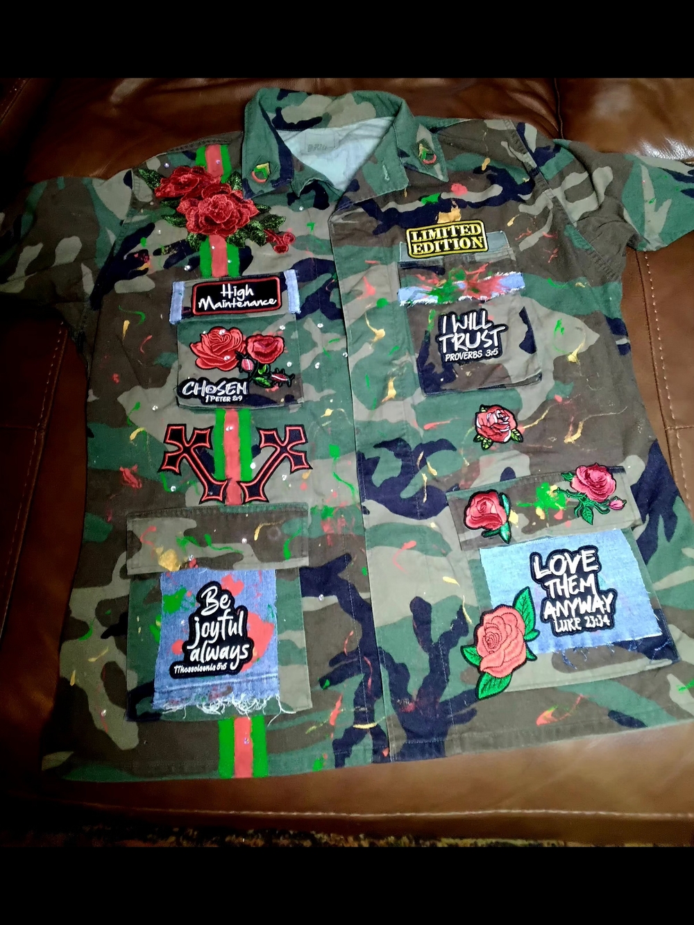 Customized Camo Military Jacket with Floral Patches